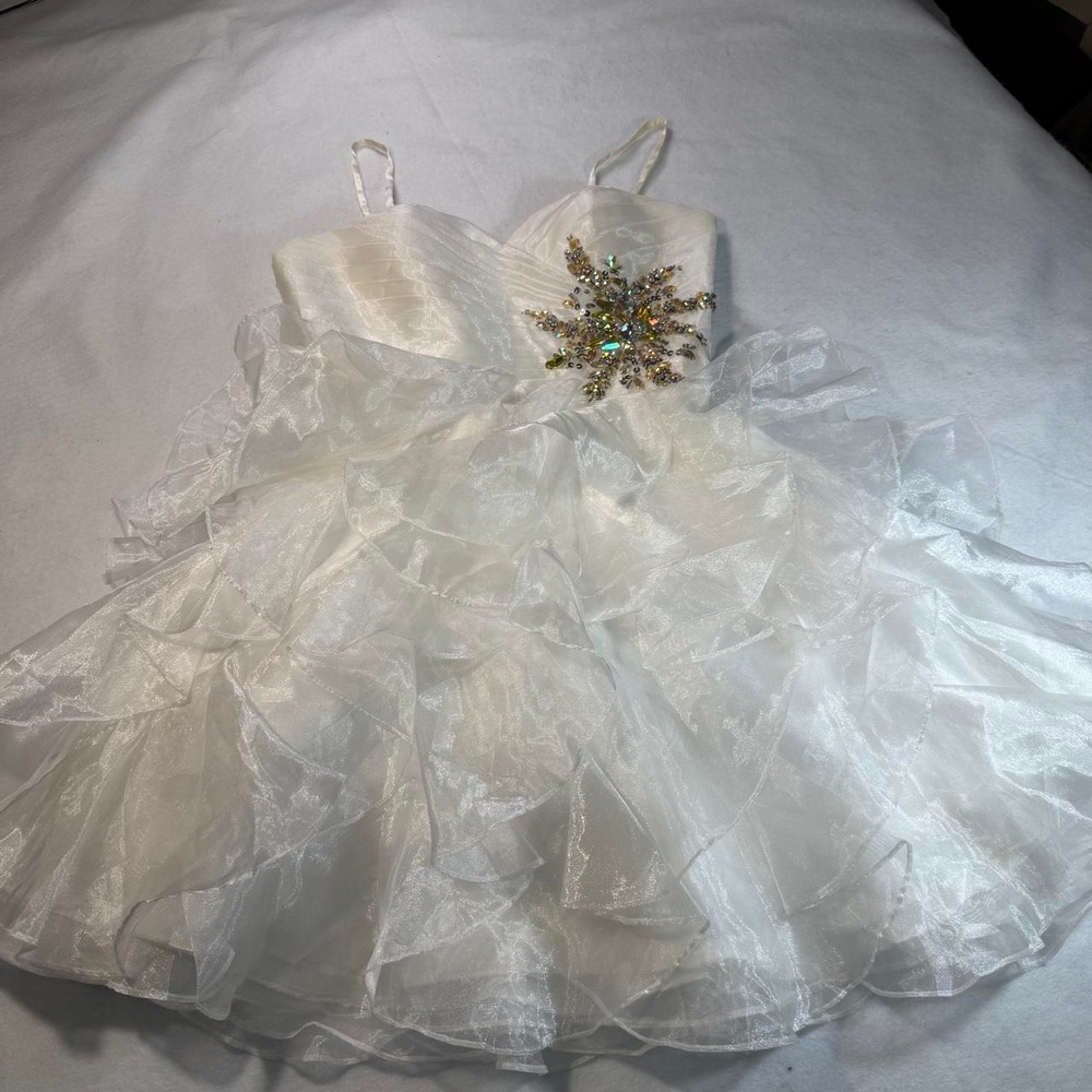 Cinderella Ivory Ruffle Princess Mini Dress Crystal Beaded Y2K Size 4 Ivory